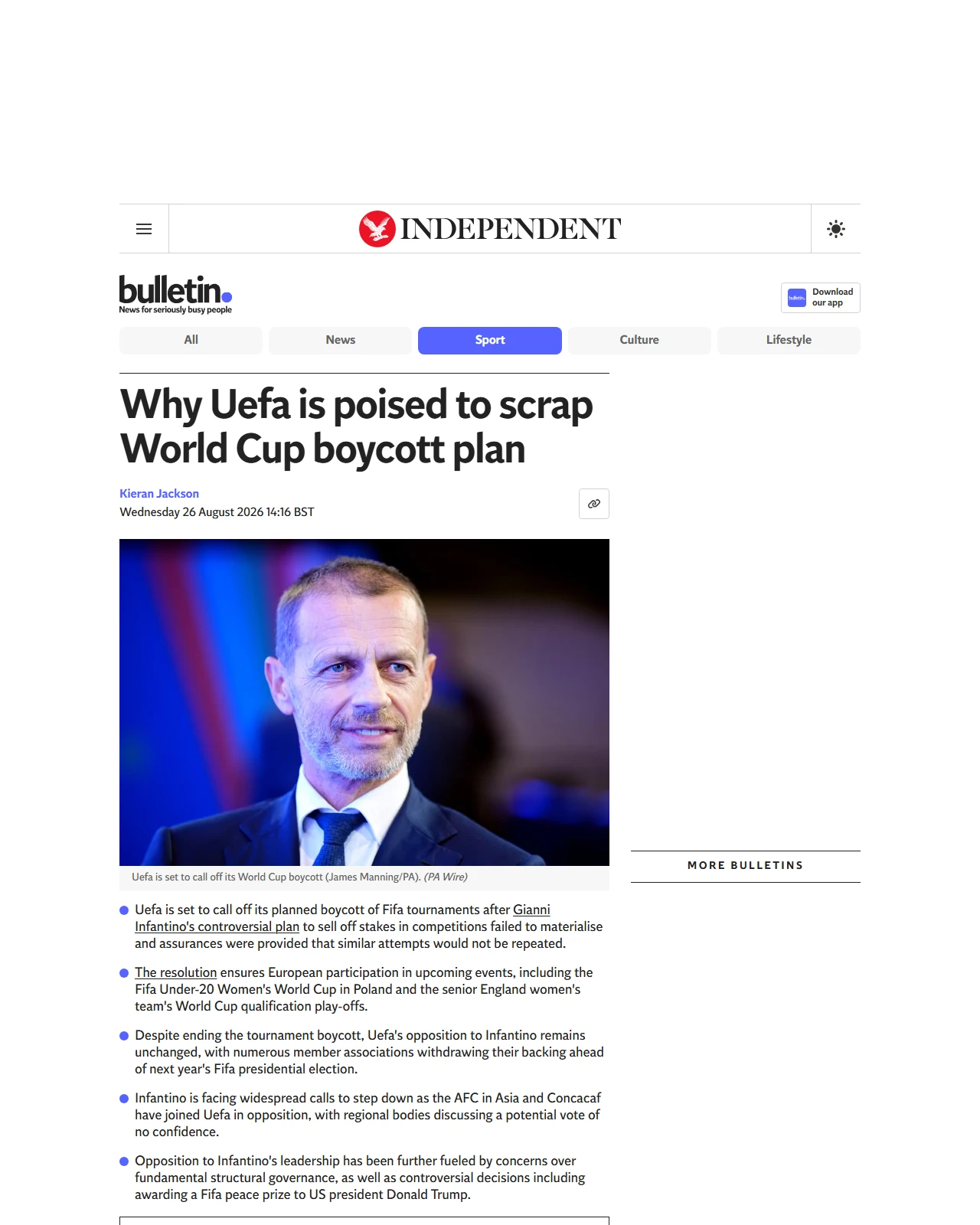 independent.co.uk as published: Why Uefa is poised to scrap World Cup boycott plan