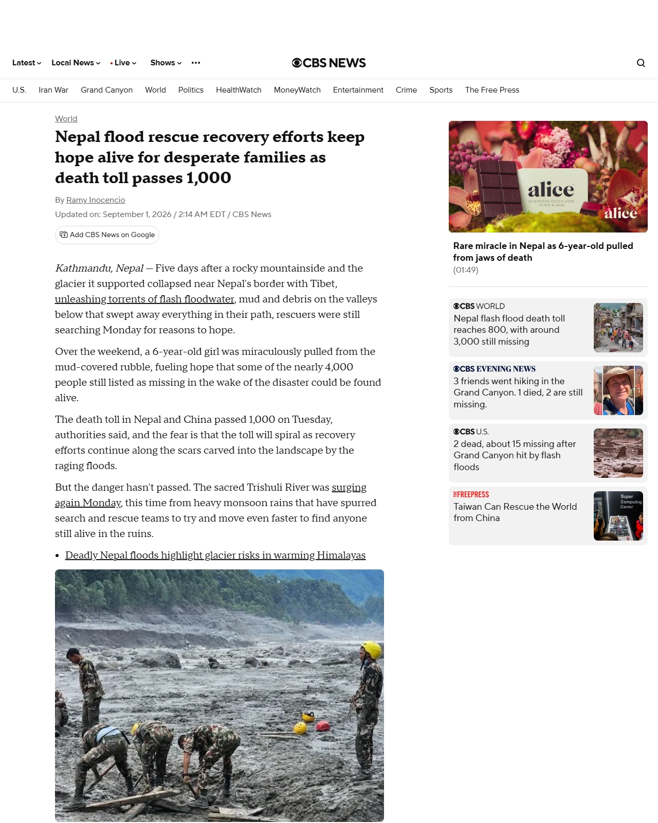 cbsnews.com as published: Families of those missing after Nepal floods struggle to cling to hope as death toll passes 1,000