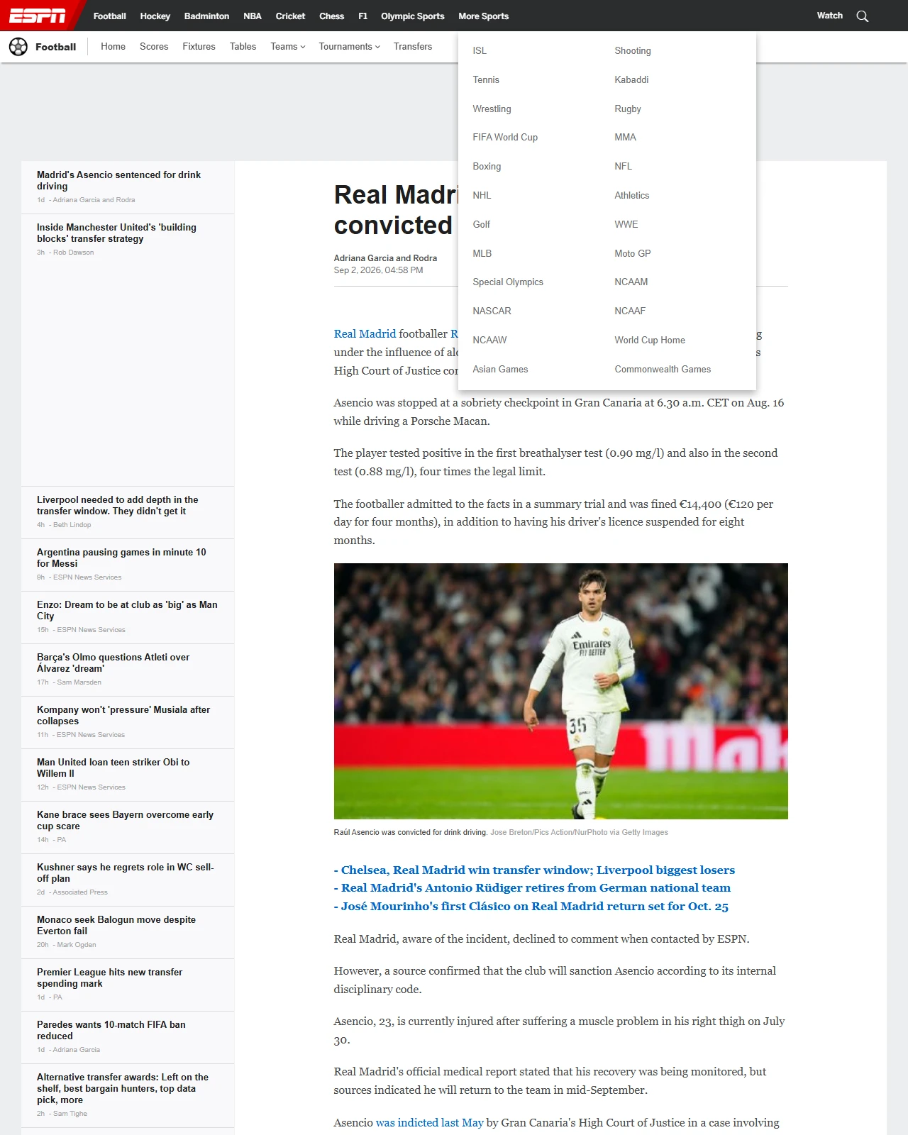 espn.in as published: Real Madrid's Raúl Asencio convicted of drink driving