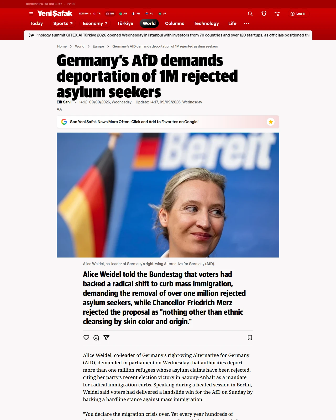 en.yenisafak.com as published: Germany’s AfD demands deportation of 1M rejected asylum seekers