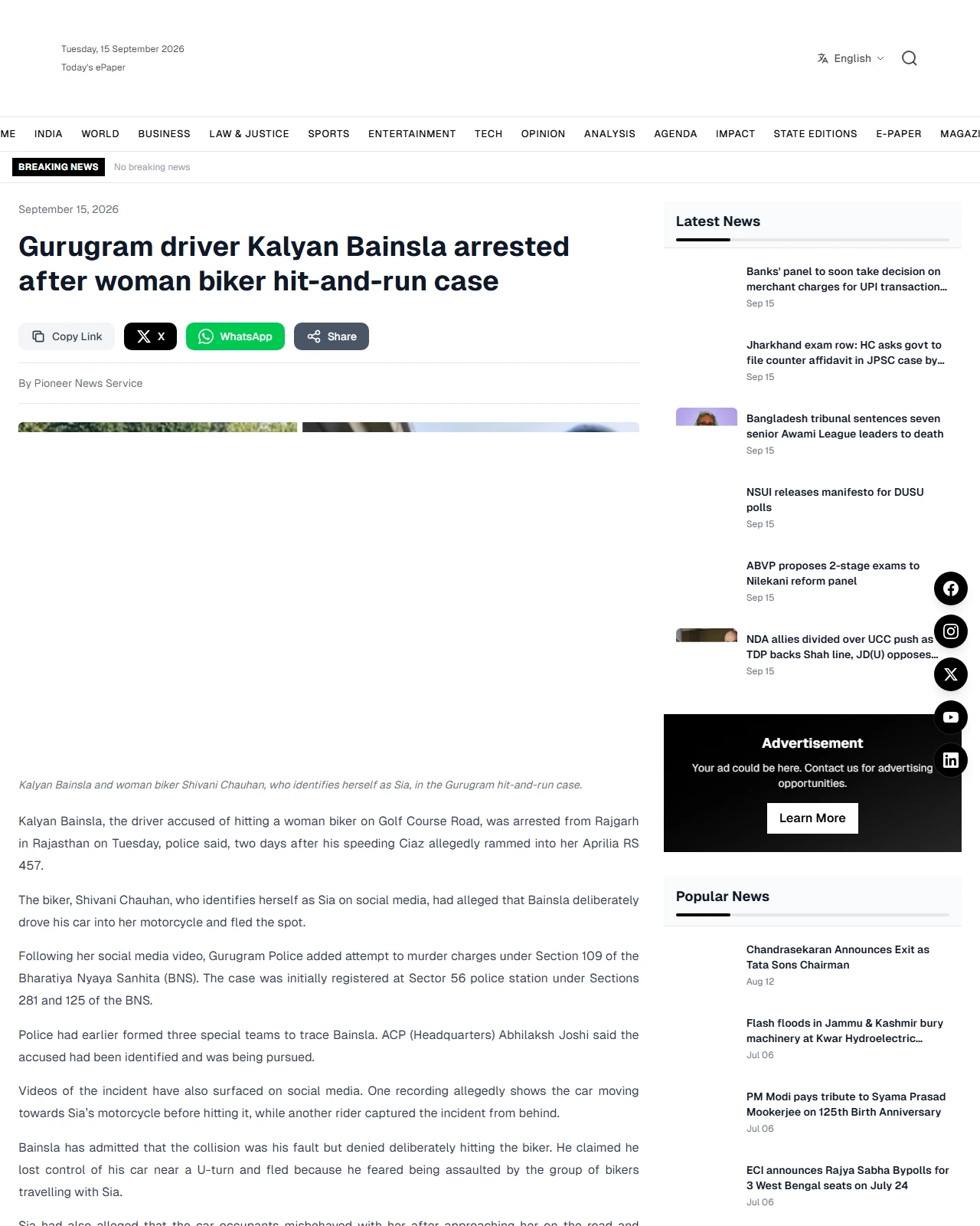 dailypioneer.com as published: Kalyan Bainsla arrested in Gurugram woman biker hit-and-run case