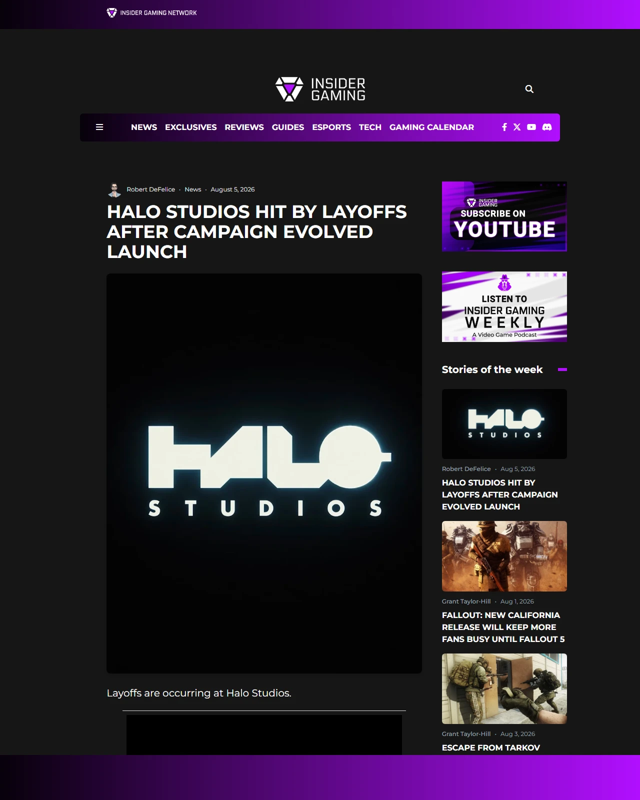 insider-gaming.com as published: Halo Studios Hit by Layoffs After Campaign Evolved Launch