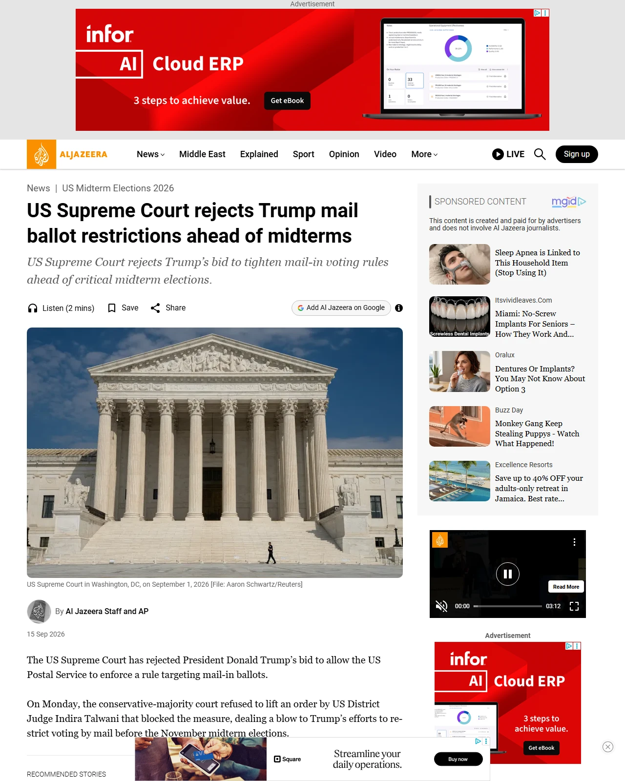 aljazeera.com as published: US Supreme Court rejects Trump mail ballot restrictions ahead of midterms