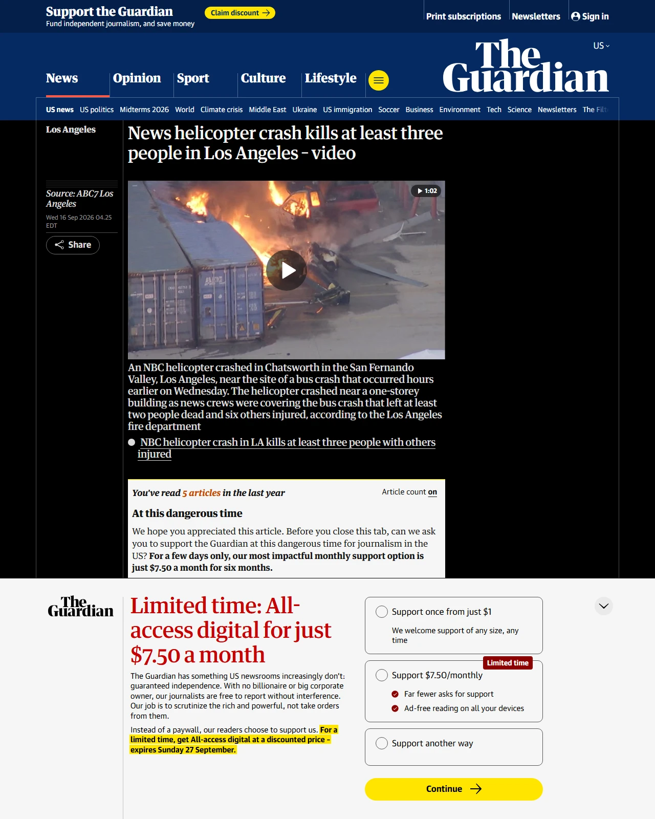 theguardian.com as published: News helicopter crash kills at least three people in Los Angeles – video