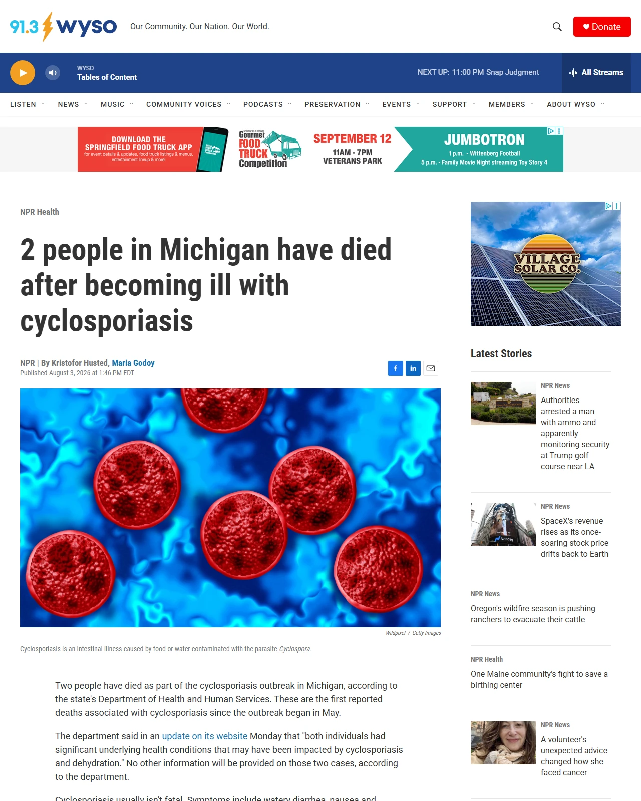 wyso.org as published: 2 people in Michigan have died after becoming ill with cyclosporiasis