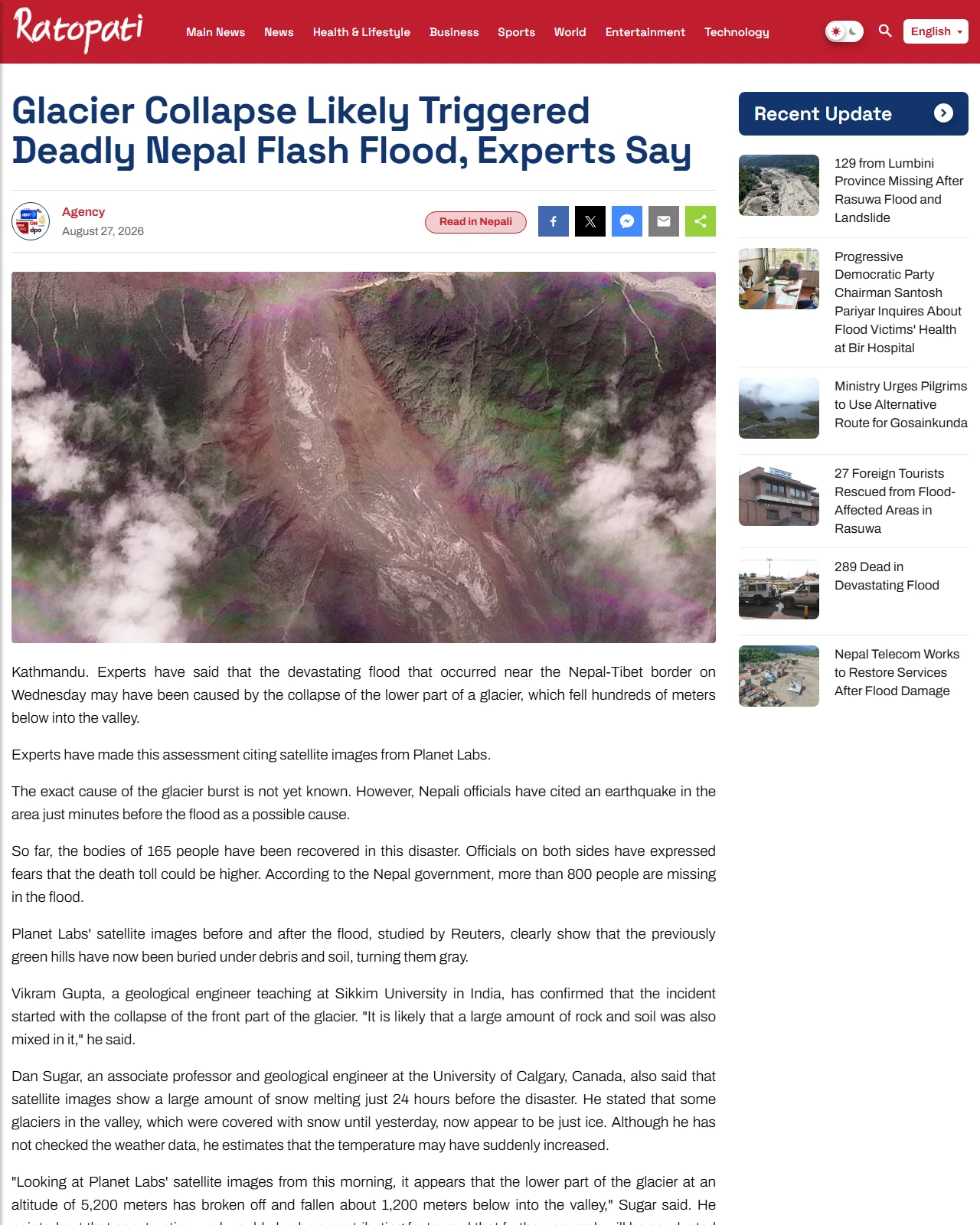 english.ratopati.com as published: Glacier Collapse Likely Triggered Deadly Nepal Flash Flood, Experts Say