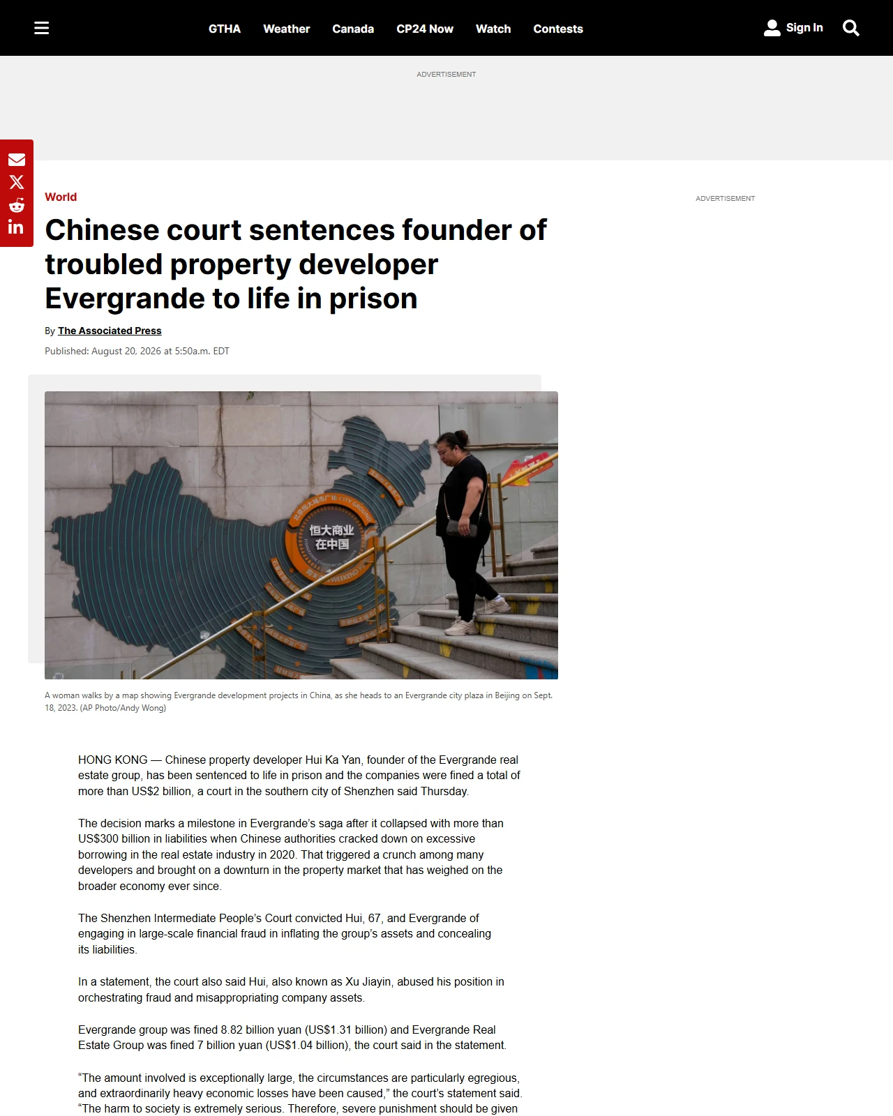 cp24.com as published: Chinese court sentences founder of troubled property developer Evergrande to life in prison