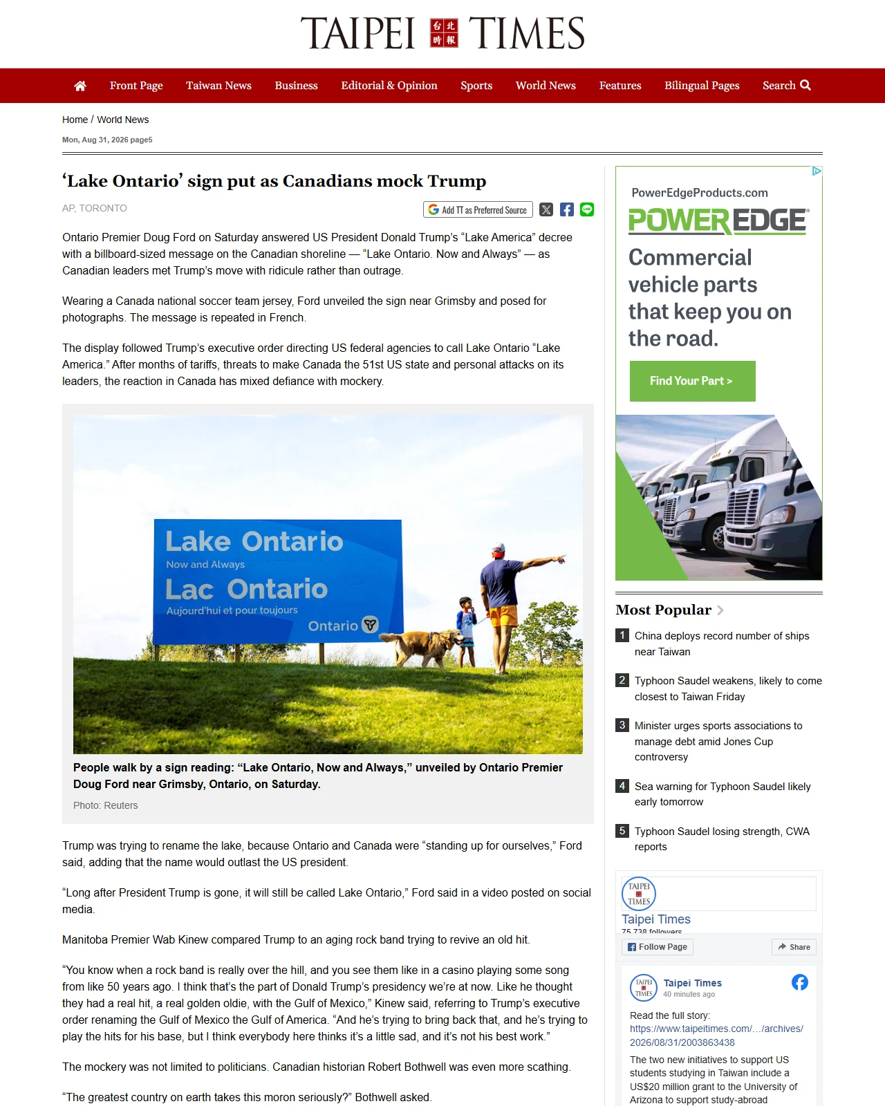 taipeitimes.com as published: ‘Lake Ontario’ sign put as Canadians mock Trump