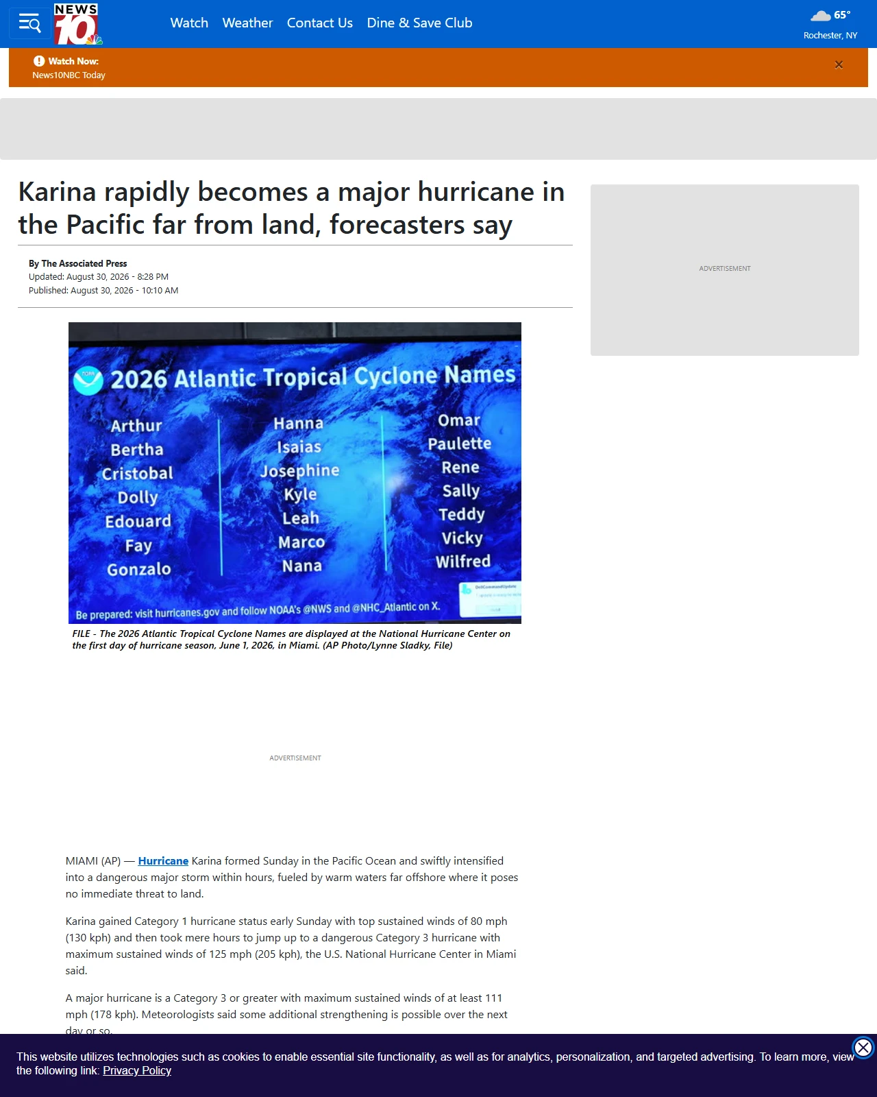 whec.com as published: Karina becomes a Pacific hurricane well away from land and is forecast to become a major storm