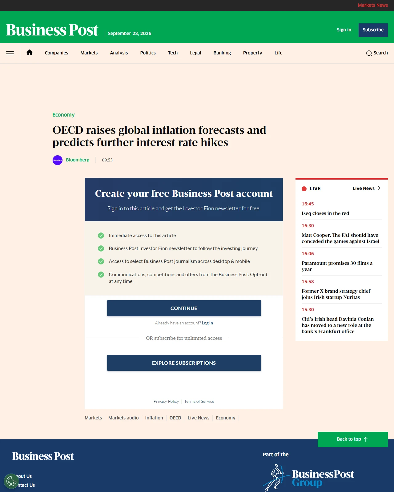 businesspost.ie as published: OECD raises global inflation forecasts and predicts further interest rate hikes