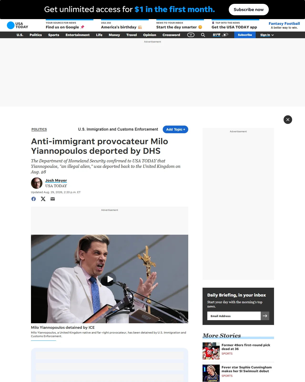 usatoday.com as published: Anti-immigrant provocateur Milo Yiannopoulos deported by DHS