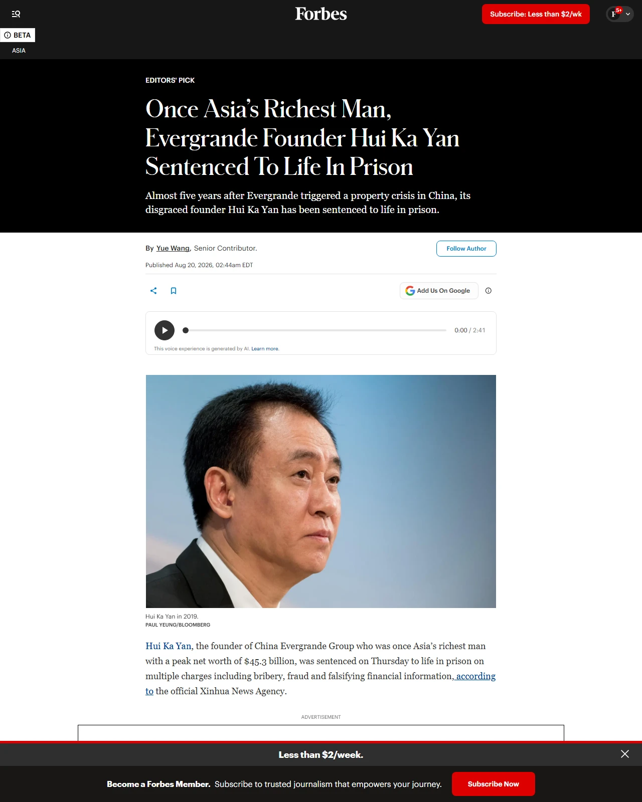 forbes.com as published: Once Asia’s Richest Man, Evergrande Founder Hui Ka Yan Sentenced To Life In Prison