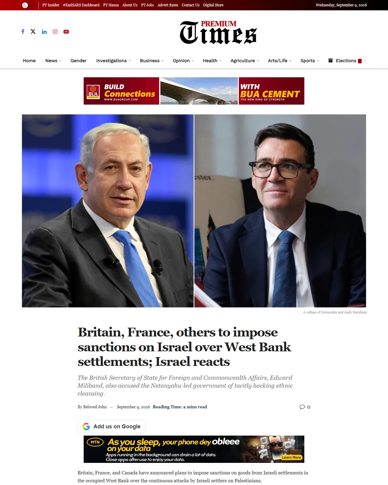 premiumtimesng.com as published: Britain, France, others to impose sanctions on Israel over West Bank settlements; Israel reacts