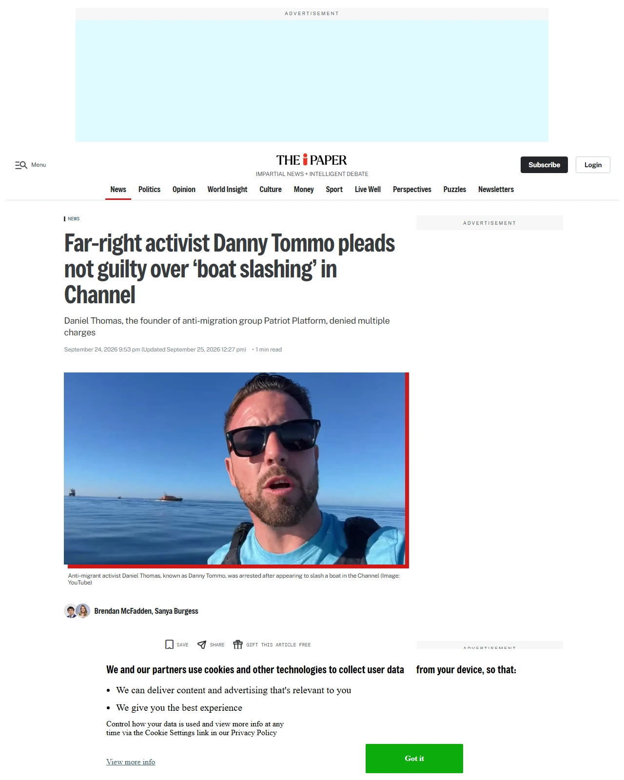 inews.co.uk as published: Far-right activist ‘Danny Tommo’ charged after ‘slashing dinghy in English Channel’