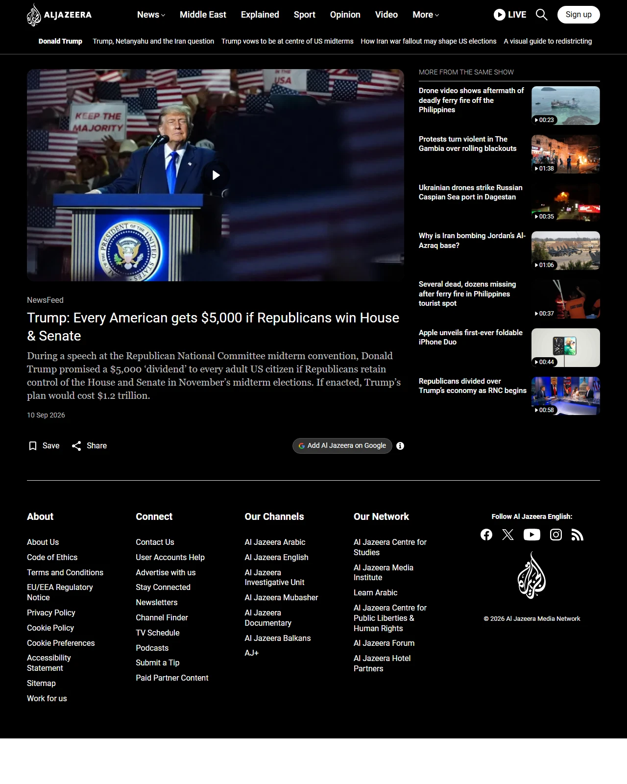 aljazeera.com as published: Trump: Every American gets $5,000 if Republicans win House & Senate
