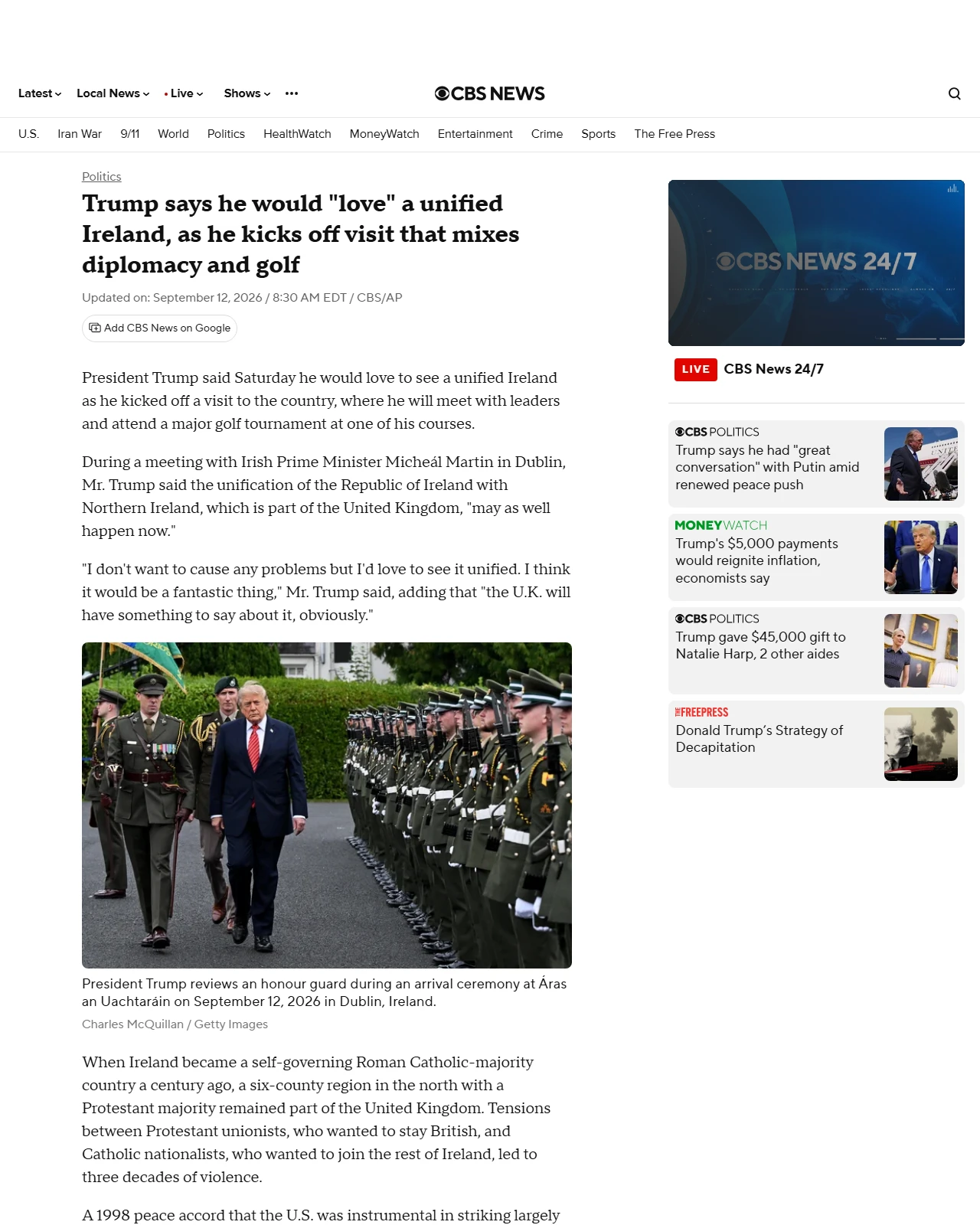 cbsnews.com as published: Trump says he would "love" a unified Ireland as he kicks off visit