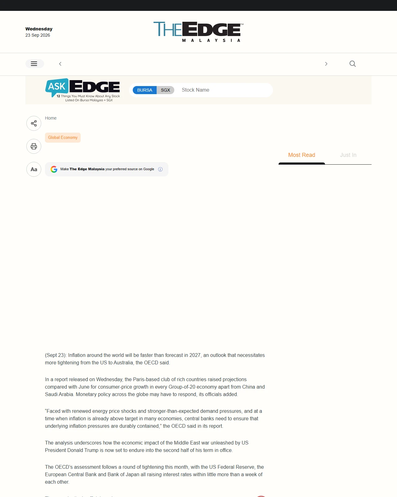 theedgemalaysia.com as published: Global inflation will linger and Fed will hike rates again, OECD says