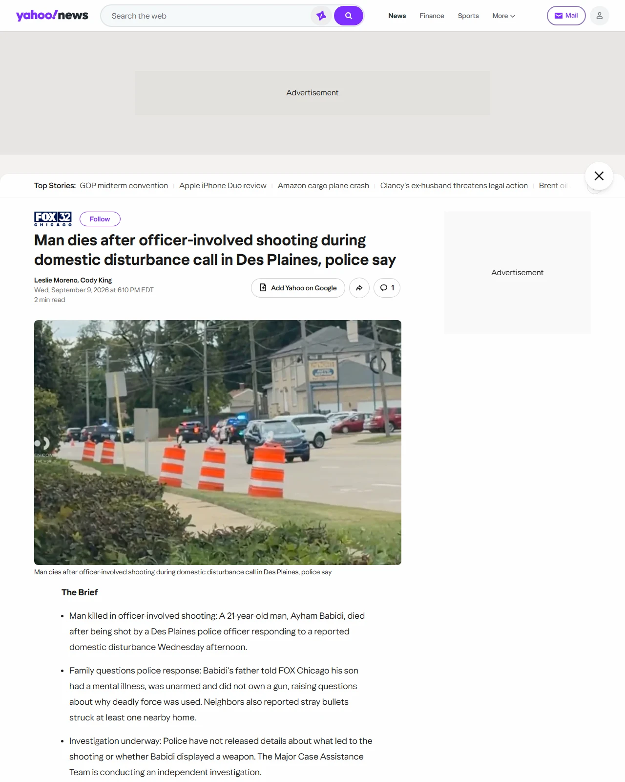 yahoo.com as published: Man dies after officer-involved shooting during domestic disturbance call in Des Plaines, police say
