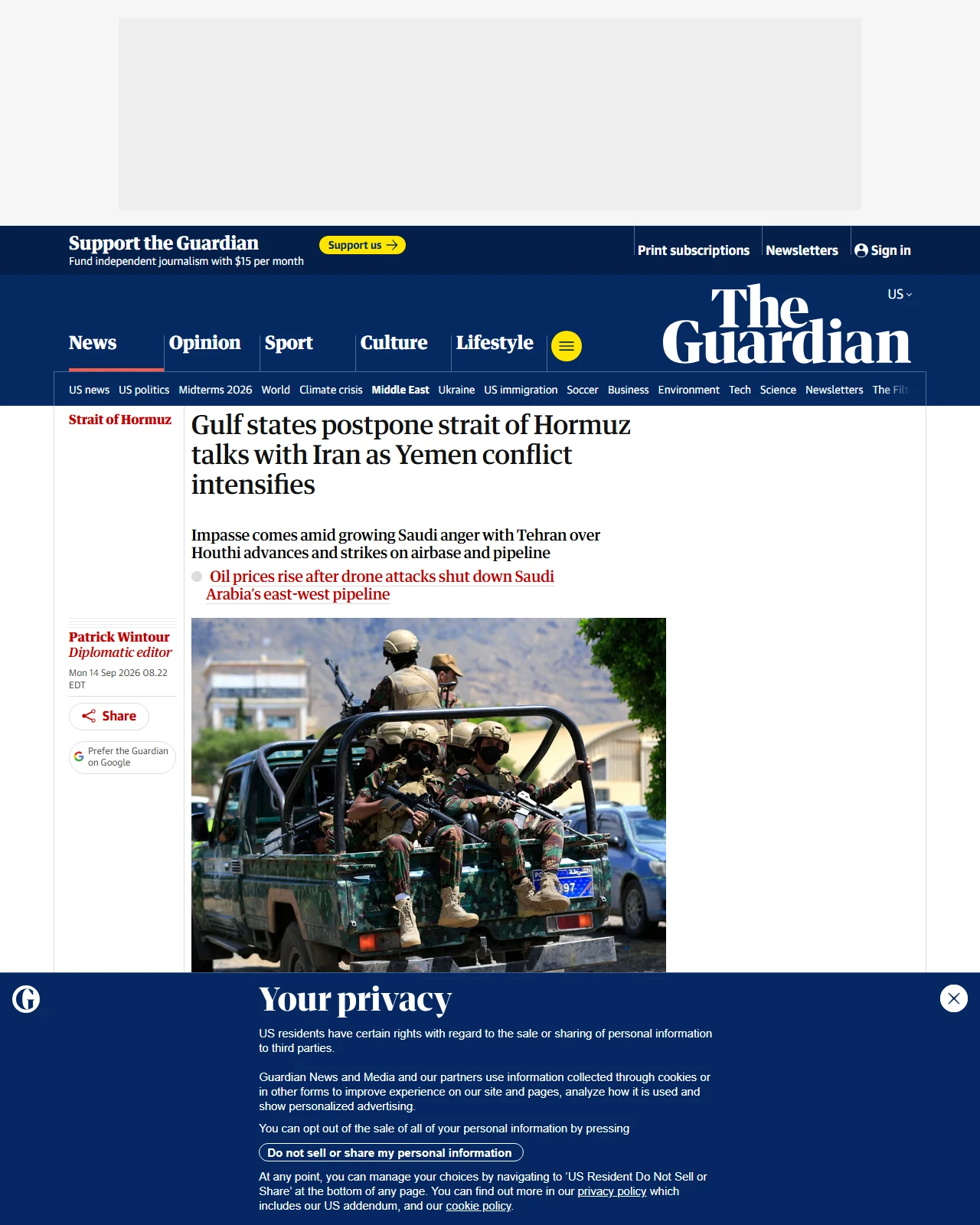 theguardian.com as published: Gulf states postpone strait of Hormuz talks with Iran as Yemen conflict intensifies