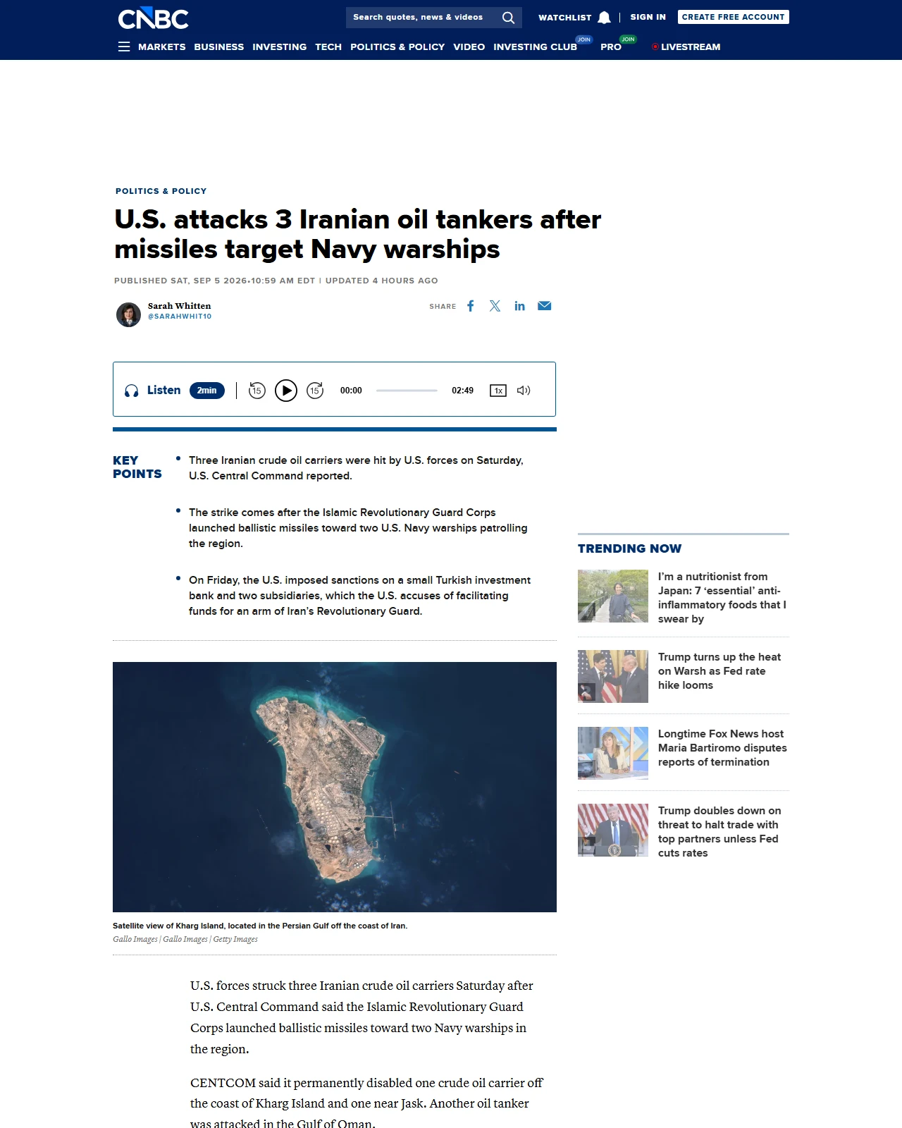 cnbc.com as published: U.S. attacks 3 Iranian oil tankers after missiles target Navy warships