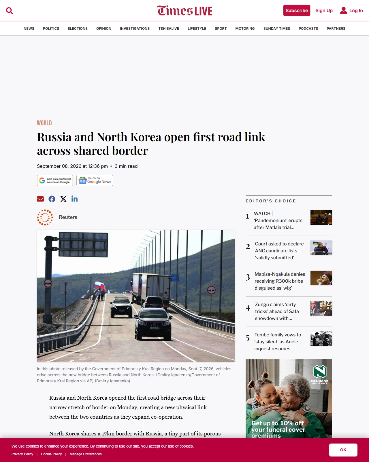 timeslive.co.za as published: Russia and North Korea open first road link across shared border