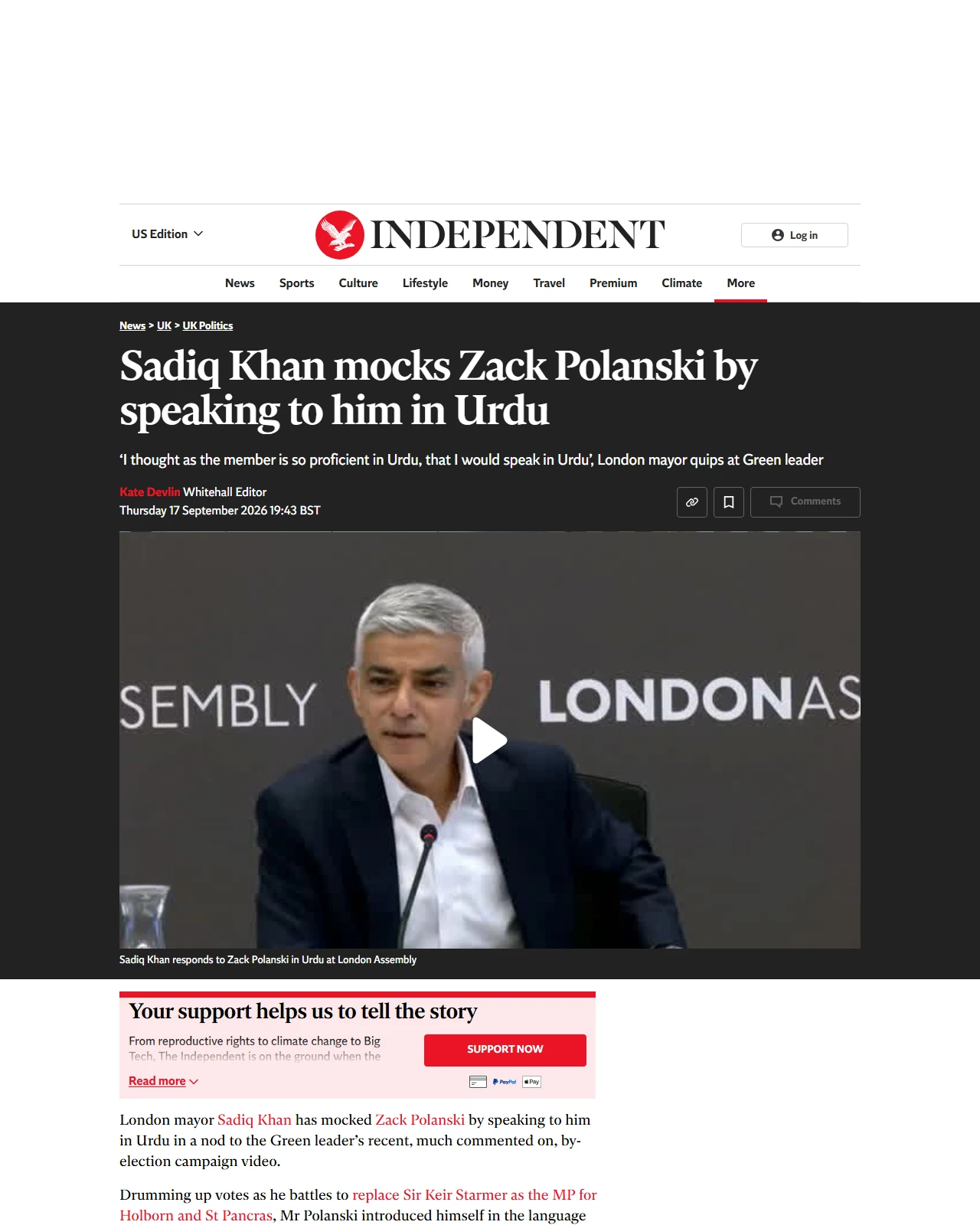 independent.co.uk as published: Sadiq Khan mocks Zack Polanski by speaking to him in Urdu