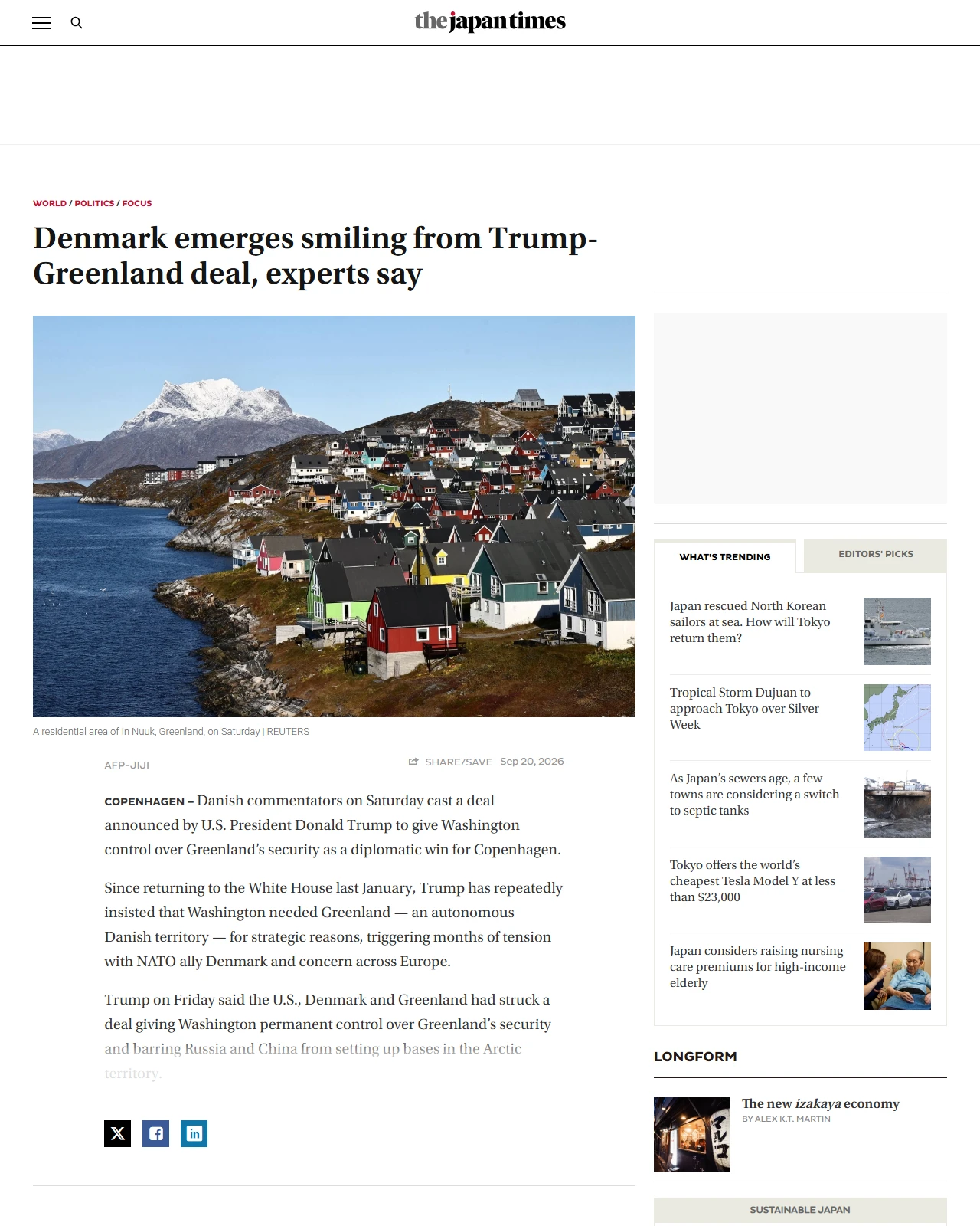japantimes.co.jp as published: Denmark emerges smiling from Trump-Greenland deal, experts say