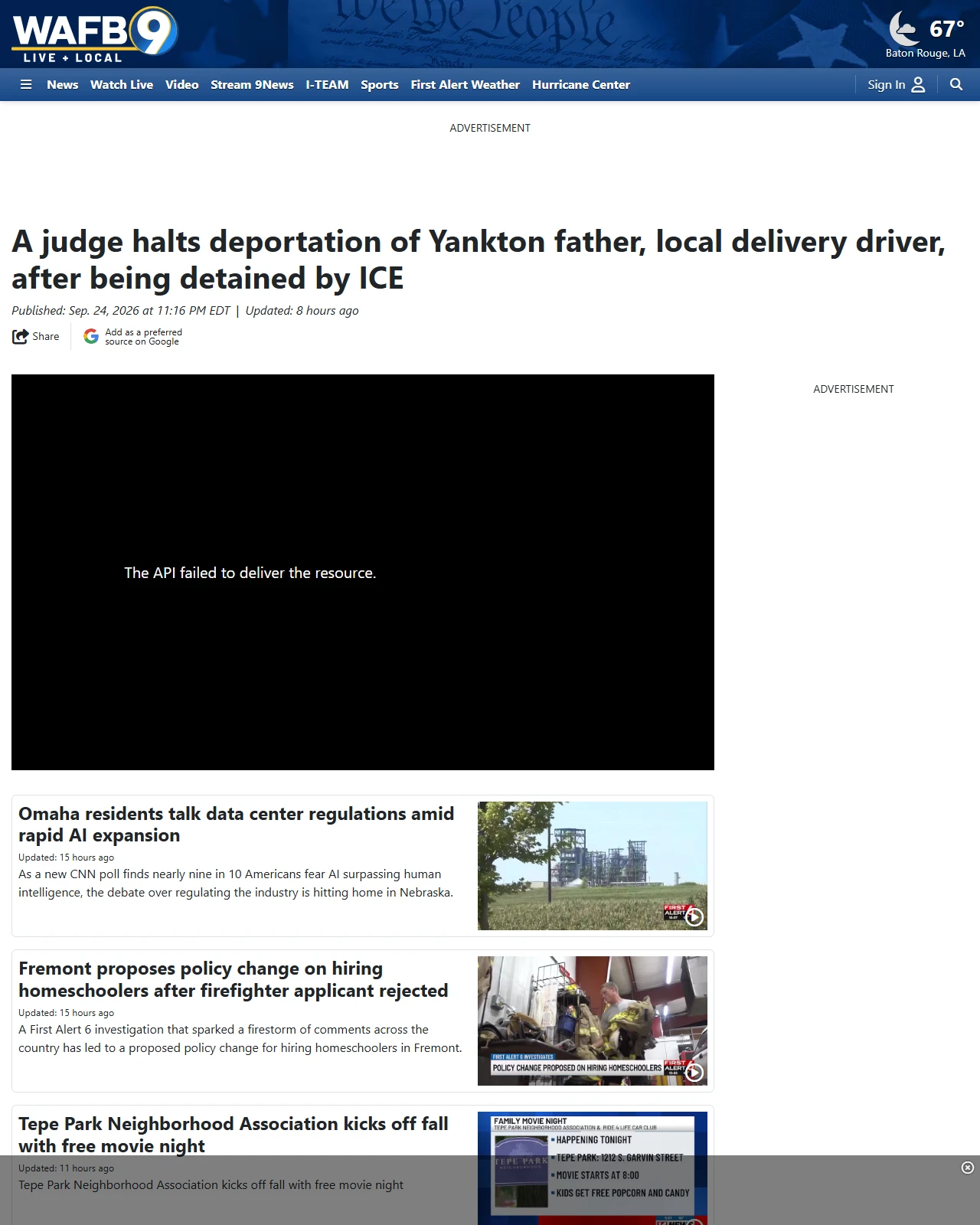 wafb.com as published: A judge halts deportation of Yankton father, local delivery driver, after being detained by ICE