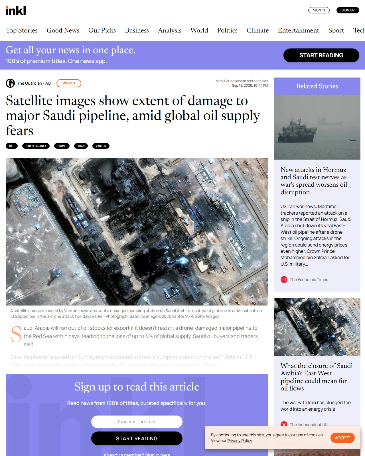 inkl.com as published: Satellite images show extent of damage to major Saudi pipeline, amid global oil supply fears