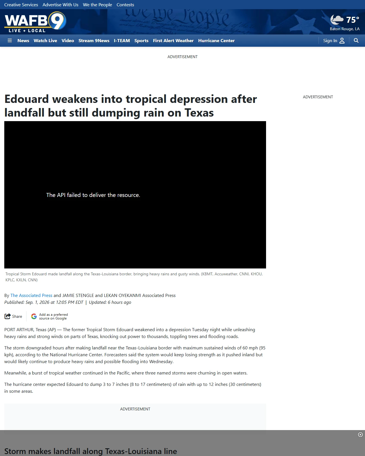 wafb.com as published: Tropical Storm Edouard unleashes heavy rain, strong winds in Texas, knocking out power to thousands
