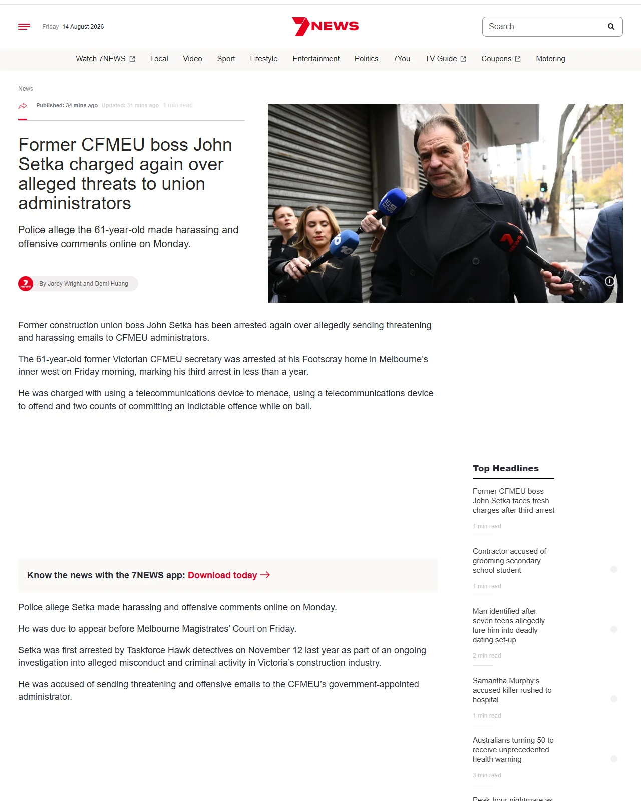 7news.com.au as published: Former CFMEU boss John Setka charged again over alleged threats to union administrators