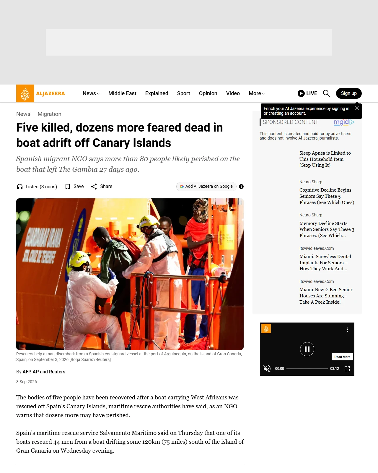 aljazeera.com as published: Five killed, dozens more feared dead in boat adrift off Canary Islands