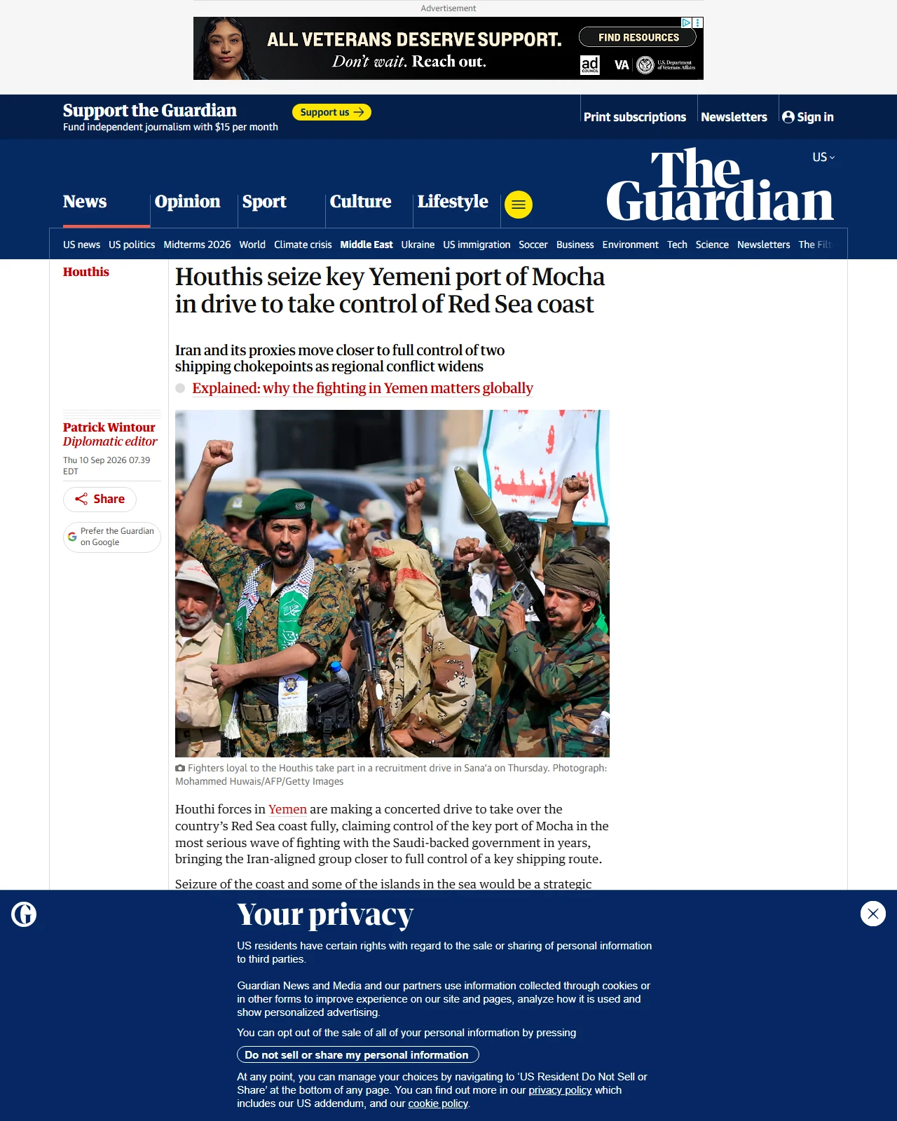 theguardian.com as published: Houthis seize key Yemeni port of Mocha in drive to take control of Red Sea coast