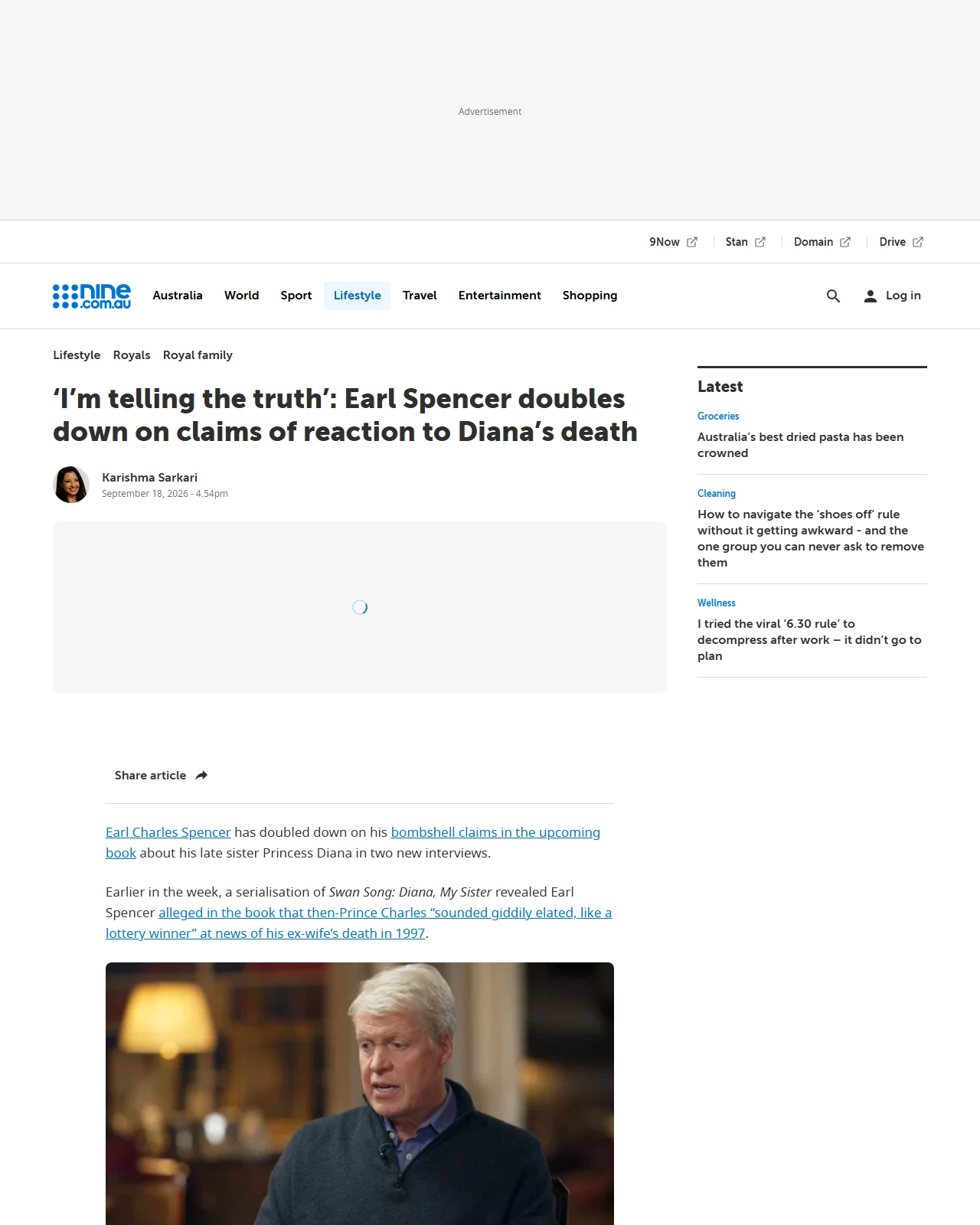 nine.com.au as published: ‘I’m telling the truth’: Earl Spencer doubles down on claims of reaction to Diana’s death