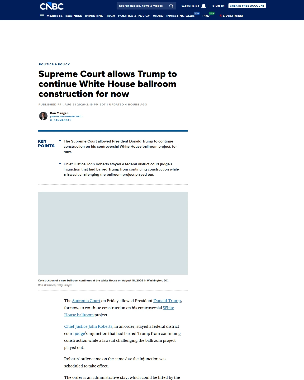cnbc.com as published: Supreme Court allows Trump to continue White House ballroom construction for now