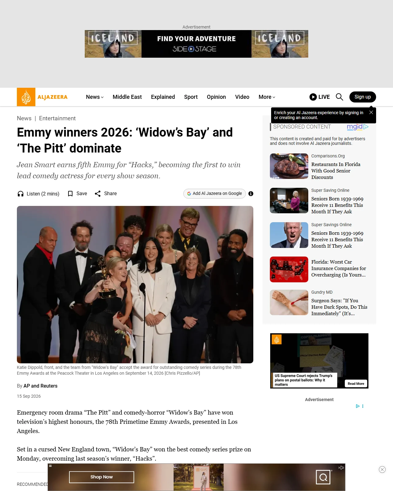 aljazeera.com as published: Emmy winners 2026: ‘Widow’s Bay’ and ‘The Pitt’ dominate
