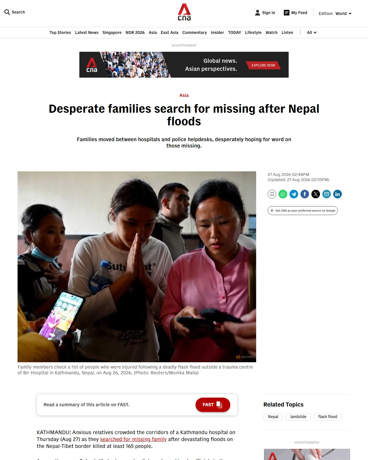 channelnewsasia.com as published: Desperate families search for missing after Nepal floods