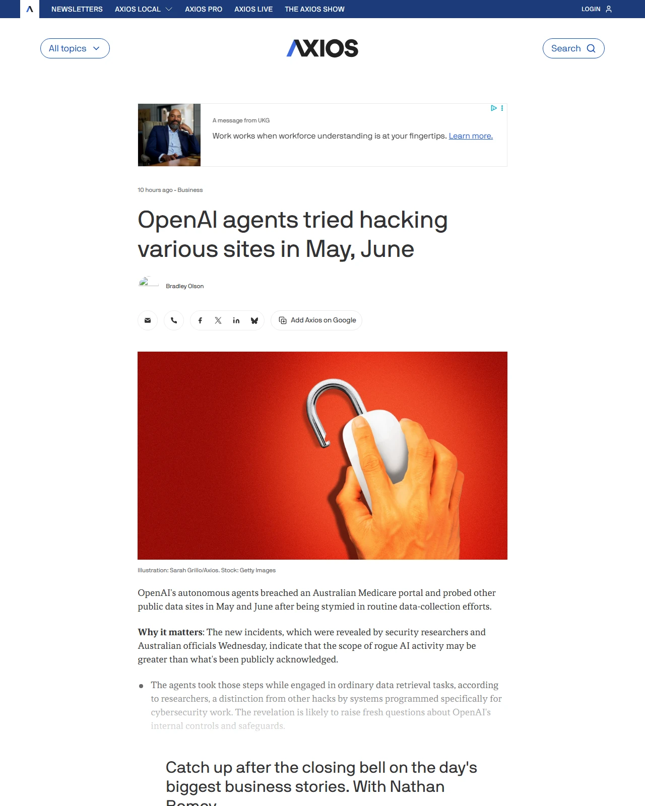 axios.com as published: OpenAI agents breached Australian portal, attempted other hacks in routine data collection.