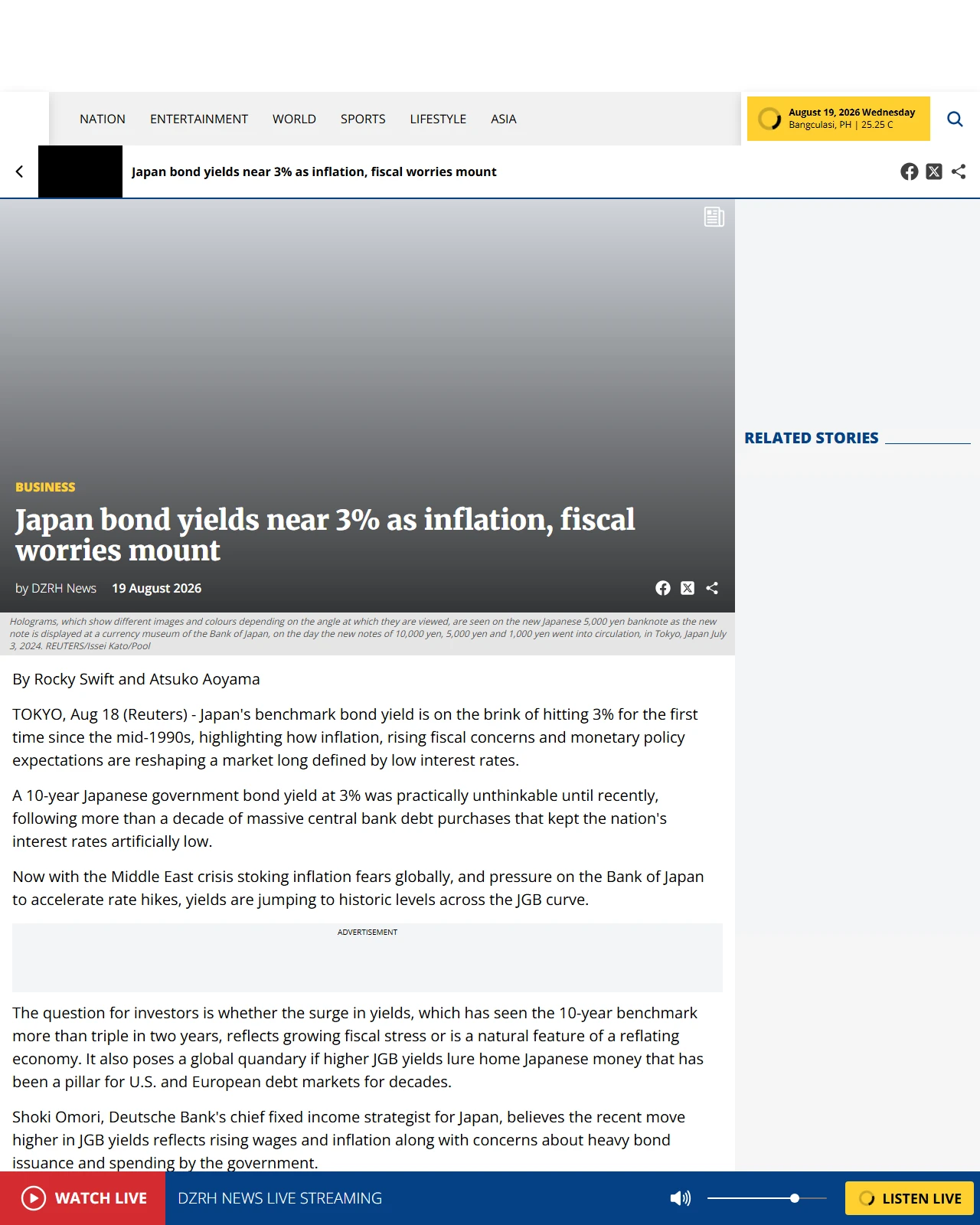 dzrh.com.ph as published: Japan bond yields near 3% as inflation, fiscal worries mount