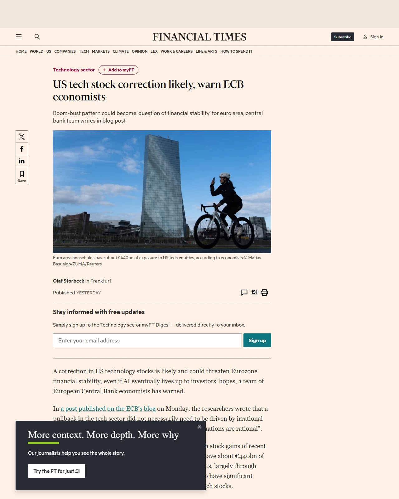 ft.com as published: US tech stock correction likely, warn ECB economists