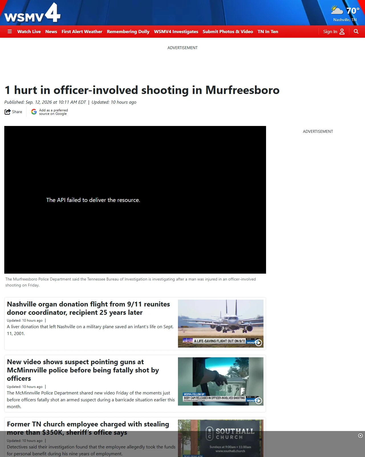 wsmv.com as published: 1 hurt in officer-involved shooting in Murfreesboro