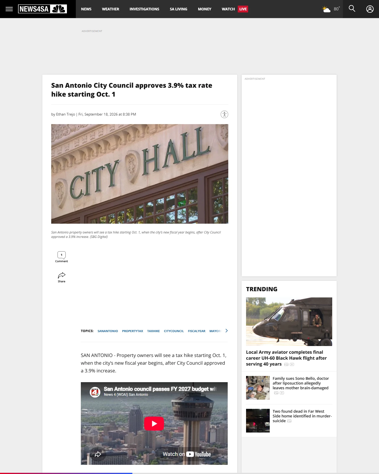 news4sanantonio.com as published: San Antonio City Council approves 3.9% tax rate hike starting Oct. 1