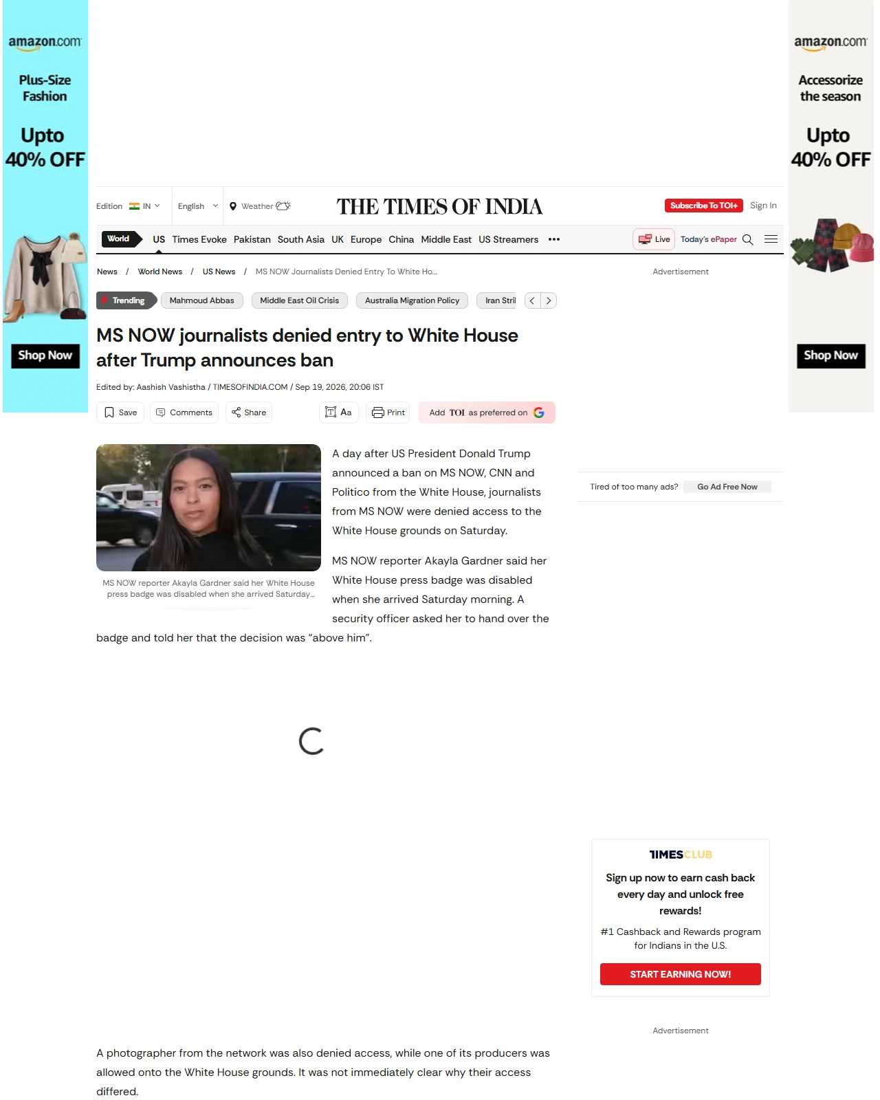 timesofindia.indiatimes.com as published: MS NOW journalists denied entry to White House after Trump announces ban
