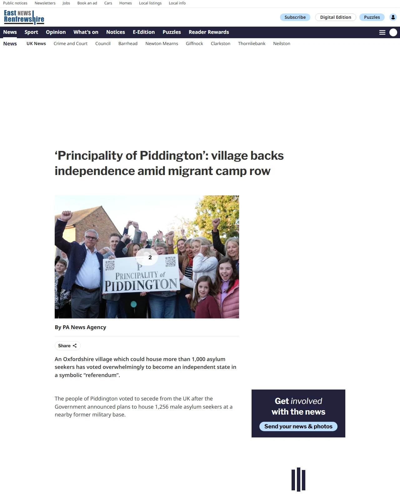 barrheadnews.com as published: ‘Principality of Piddington’: village backs independence amid migrant camp row
