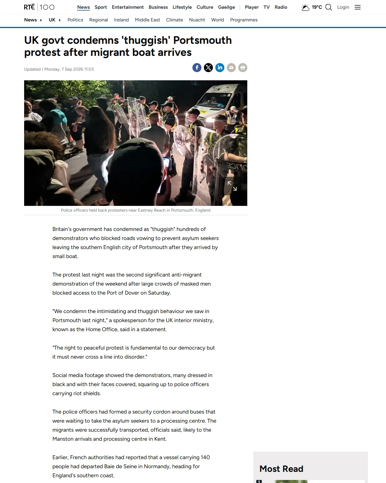 rte.ie as published: UK govt condemns 'thuggish' Portsmouth migration protest