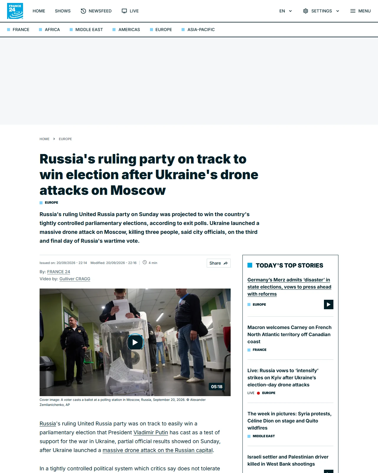 france24.com as published: Russia's ruling party on track to win election after Ukraine's drone attacks on Moscow
