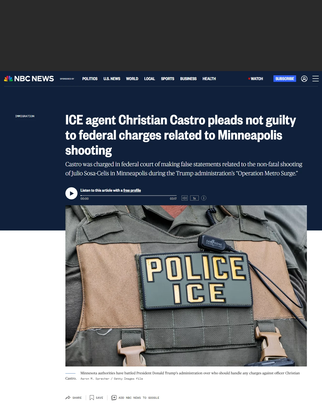 nbcnews.com as published: ICE agent Christian Castro pleads not guilty to federal charges related to Minneapolis shooting