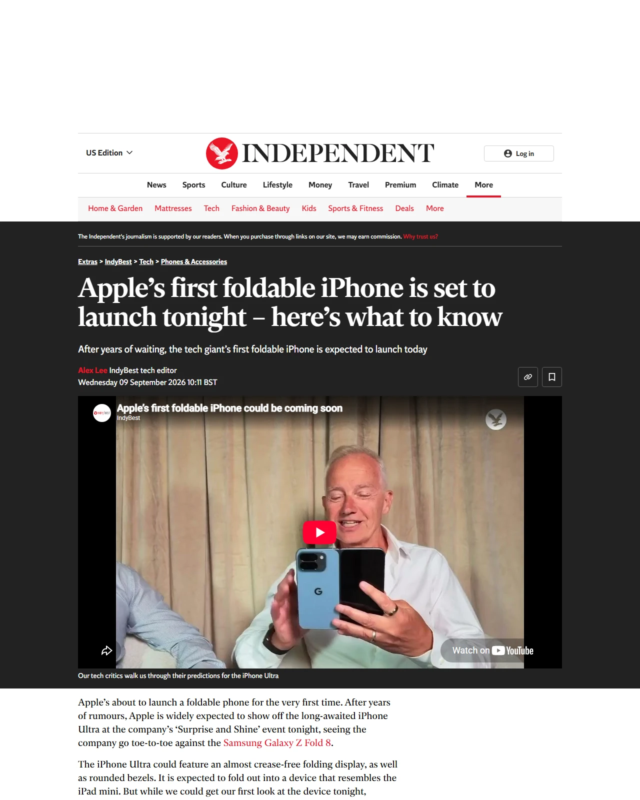 independent.co.uk as published: Apple’s first foldable iPhone is set to launch tonight – here’s what to know