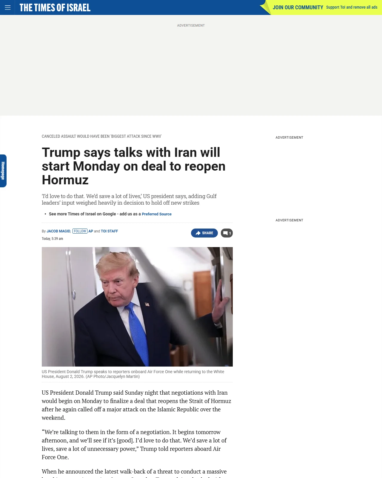 timesofisrael.com as published: Trump says talks with Iran will start Monday on deal to reopen Hormuz
