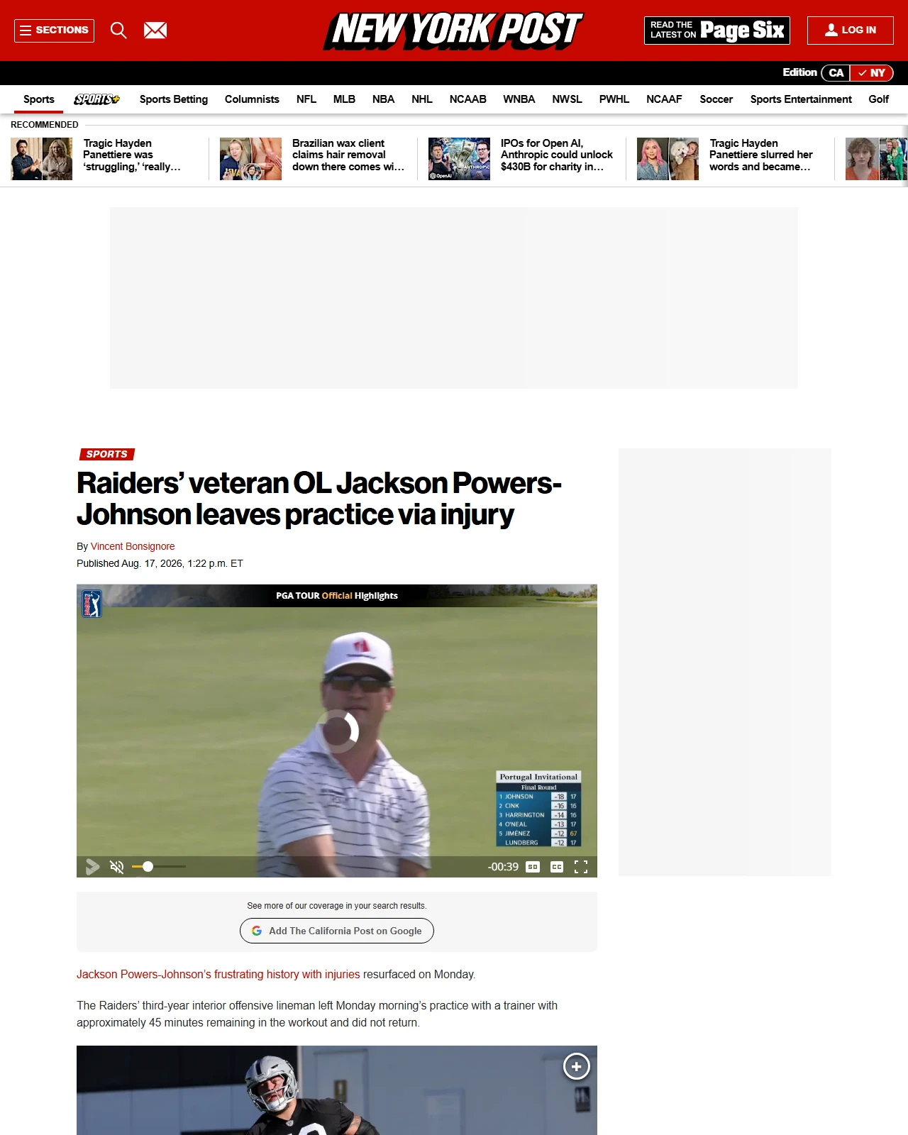 nypost.com as published: Raiders’ veteran OL Jackson Powers-Johnson leaves practice via injury